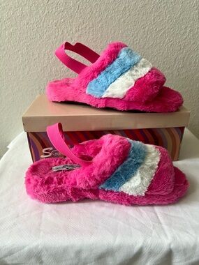 Pink Fuzzy Slide Slippers with Blue & White Stripes